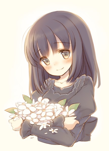 Anime picture 650x903 with original yamucha single long hair tall image blush fringe black hair simple background smile white background brown eyes looking away upper body head tilt girl dress flower (flowers) black dress