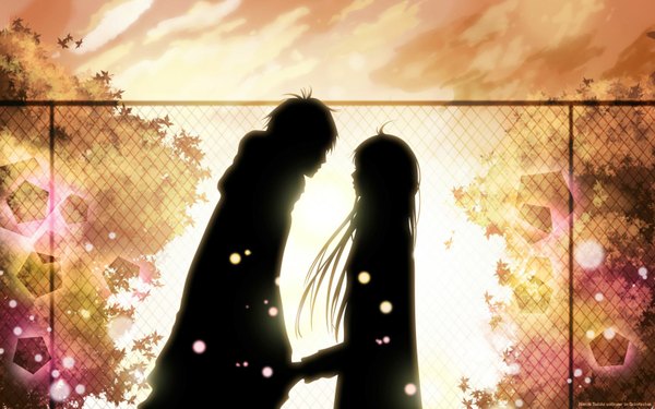 Anime picture 1600x1000 with kimi ni todoke production i.g kuronuma sawako kazehaya shouta long hair wide image cloud (clouds) couple evening sunset silhouette girl boy plant (plants) tree (trees) fence