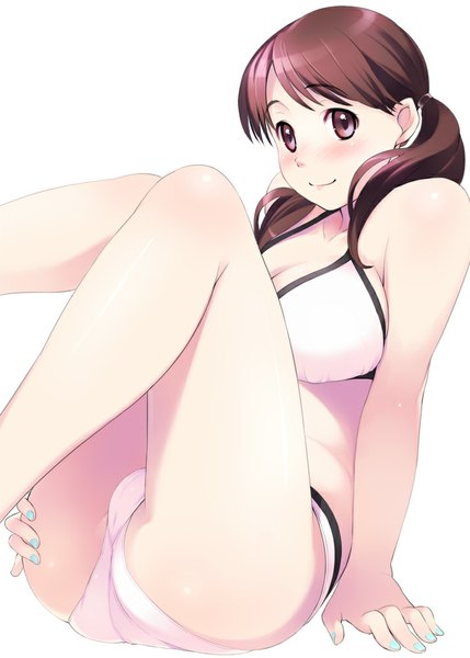 Anime picture 715x1000 with original oryou single long hair tall image looking at viewer blush breasts light erotic simple background smile brown hair large breasts white background brown eyes girl underwear panties lingerie bra