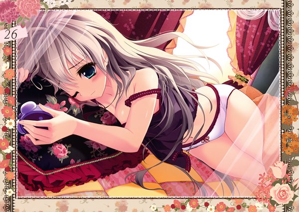 Anime picture 3500x2480 with prismatic world (artbook) shiramori yuse single long hair blush highres blue eyes light erotic bare shoulders absurdres lying one eye closed grey hair wink scan girl underwear panties flower (flowers) pillow