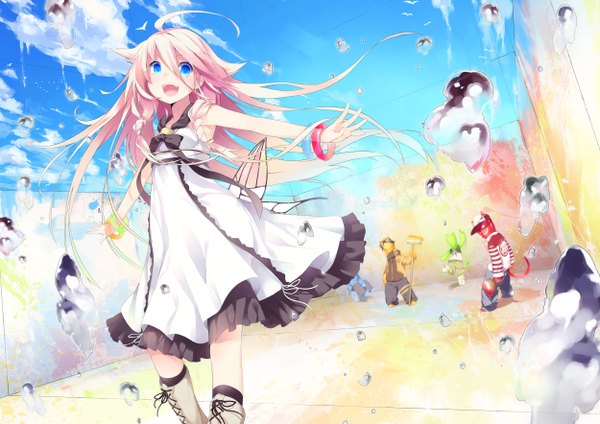 Anime picture 2500x1768 with vocaloid ia (vocaloid) itsuwa (lethal-kemomimi) long hair blush highres open mouth blue eyes pink hair sky cloud (clouds) braid (braids) spread arms girl dress boots bracelet sundress