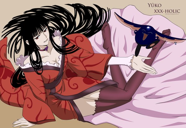 Anime picture 2800x1935 with xxxholic clamp ichihara yuuko mokona long hair highres light erotic black hair girl thighhighs collar