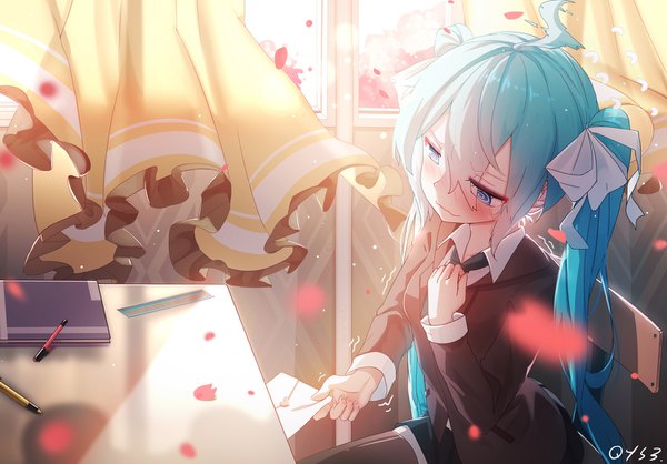 Anime picture 1500x1047 with vocaloid hatsune miku qys3 single long hair blush fringe blue eyes hair between eyes sitting twintails holding signed payot looking away ahoge indoors long sleeves wind sunlight