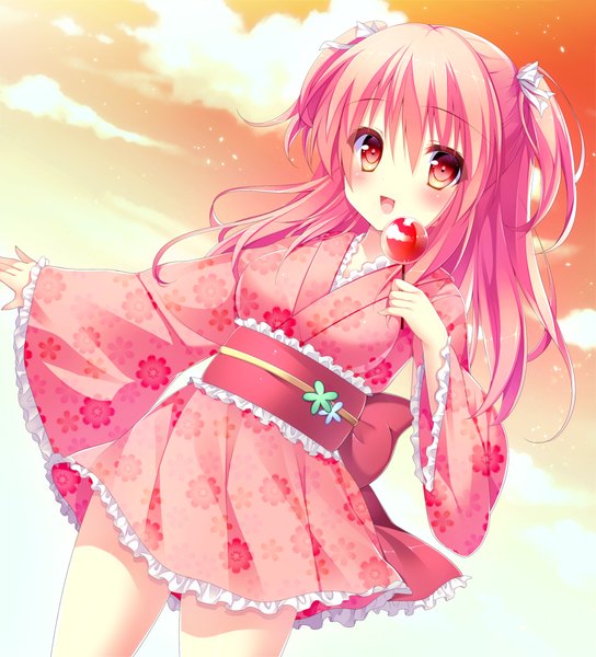Anime picture 1105x1218 with original riko (kujira215) single long hair tall image looking at viewer blush open mouth red eyes pink hair sky cloud (clouds) traditional clothes japanese clothes lolita fashion wa lolita girl food kimono obi