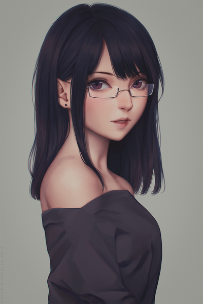 Anime picture 1200x1800 with original miura-n315 single long hair tall image looking at viewer blush fringe black hair simple background purple eyes bare shoulders upper body parted lips lips realistic off shoulder grey background girl earrings