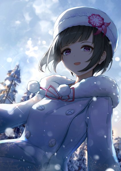 Anime picture 1450x2048 with idolmaster idolmaster cinderella girls idolmaster cinderella girls starlight stage shirayuki chiyo nakata (nkt vvd) single tall image looking at viewer short hair open mouth black hair purple eyes outdoors :d sparkle from below fur trim double buttons girl fur