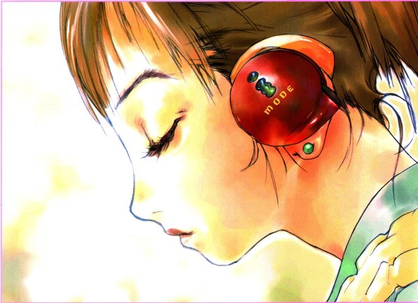 Anime picture 1860x1350 with original artworks re boot okazaki takeshi single highres short hair simple background brown hair white background eyes closed profile close-up face girl earrings headphones