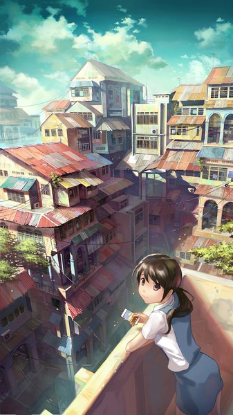 Anime picture 1116x1988 with original feigiap single long hair tall image smile brown hair purple eyes sky cloud (clouds) city cityscape girl uniform plant (plants) school uniform tree (trees) wire (wires) phone