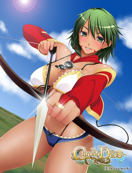 Anime picture 920x1200 with chrono dios asakura sakura single tall image looking at viewer blush short hair breasts light erotic smile large breasts green eyes green hair girl underwear panties weapon bow (weapon) arrow (arrows)