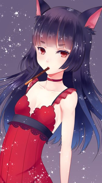 Anime picture 1000x1788 with original bichon168 single long hair tall image looking at viewer black hair red eyes bare shoulders animal ears ponytail girl dress sweets sundress pocky