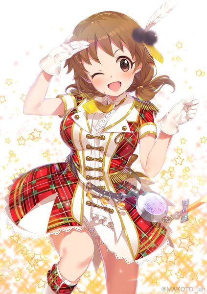 Anime picture 670x950 with idolmaster idolmaster cinderella girls idolmaster cinderella girls starlight stage katagiri sanae mizuki makoto single long hair tall image blush open mouth brown hair twintails brown eyes signed one eye closed wink twitter username low twintails ;d plaid