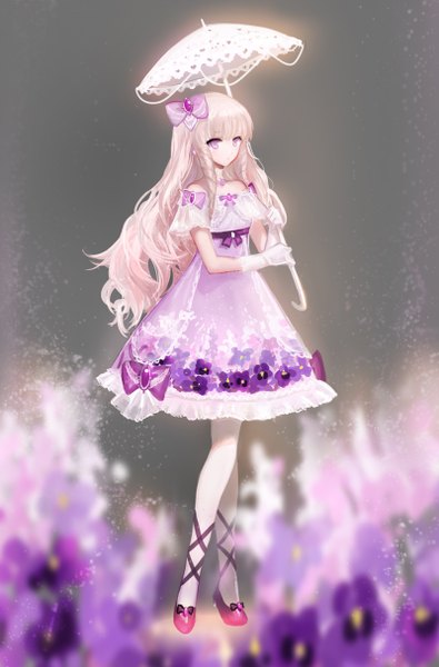 Anime picture 800x1214 with original juexing (moemoe3345) single long hair tall image looking at viewer blonde hair pink eyes girl dress gloves hair ornament flower (flowers) pantyhose white gloves umbrella