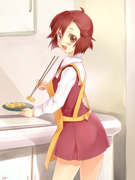 Anime picture 1000x1333 with kannagi aoba tsugumi kayou (kayou-bi) single tall image blush short hair open mouth red eyes brown hair looking back cooking girl food apron chopsticks omelet tamagoyaki