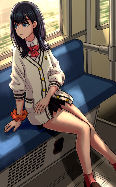 Anime picture 673x1080 with gridman universe ssss.gridman studio trigger takarada rikka omega (omega yang) single long hair tall image looking at viewer fringe blue eyes black hair sitting arm support thighs wrist scrunchie train interior girl skirt uniform