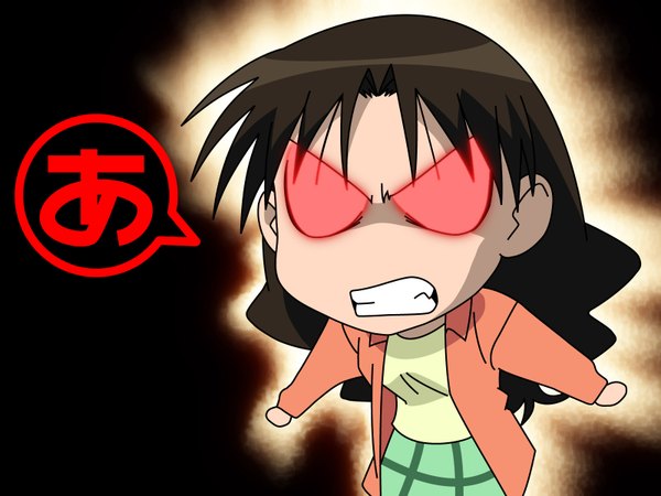 Anime picture 1600x1200 with azumanga daioh j.c. staff tanizaki yukari single long hair looking at viewer red eyes brown hair text vector angry clenched teeth aura solid eyes girl fire speech bubble