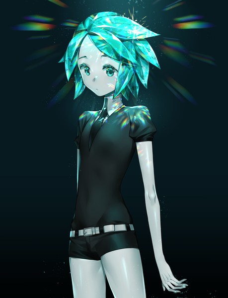 Anime picture 2000x2615 with houseki no kuni phosphophyllite cao hong anh single tall image highres short hair simple background aqua eyes aqua hair puffy sleeves black background expressionless shiny androgynous necktie