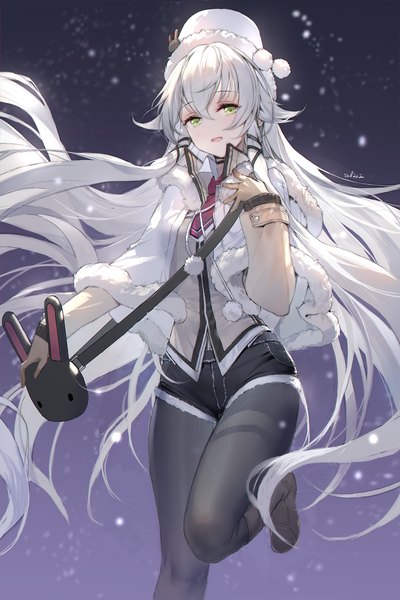 Anime picture 1400x2100 with eiyuu densetsu altina orion swd3e2 single tall image fringe open mouth hair between eyes green eyes silver hair bent knee (knees) very long hair wide sleeves fur trim snowing tress ribbon girl pantyhose necktie shorts