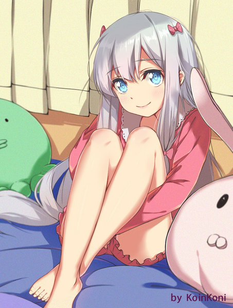 Anime picture 824x1091 with eromanga sensei a-1 pictures izumi sagiri qingchen single long hair tall image looking at viewer blush blue eyes light erotic smile silver hair barefoot bare legs girl bow hair bow toy stuffed animal