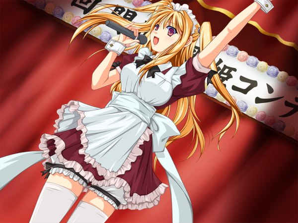 Anime picture 1600x1200 with blonde hair red eyes game cg maid singing girl thighhighs white thighhighs microphone