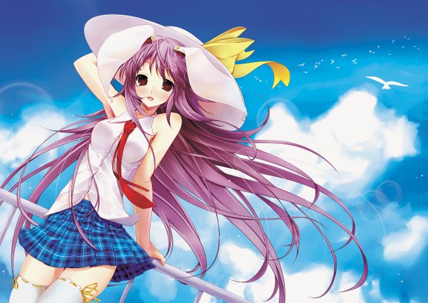 Anime picture 1274x906 with touhou reisen udongein inaba scarlet (studioscr) single long hair blush red eyes sky purple hair cloud (clouds) bunny ears bunny girl girl thighhighs skirt bow hat animal bird (birds)
