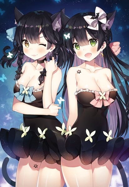 Anime picture 800x1160 with original ayami (annahibi) tall image blush fringe breasts open mouth light erotic black hair smile hair between eyes large breasts standing bare shoulders multiple girls green eyes animal ears yellow eyes cleavage tail