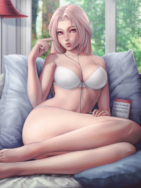Anime picture 1875x2500 with original chloe (sciamano240) sciamano240 single long hair tall image looking at viewer blush highres breasts light erotic large breasts sitting bare shoulders signed payot pink hair cleavage full body bent knee (knees)