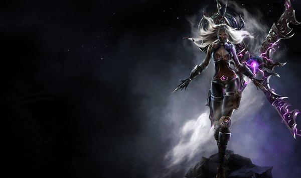 Anime picture 1215x717 with league of legends irelia (league of legends) single long hair looking at viewer breasts light erotic blonde hair red eyes wide image magic dark background girl weapon armor mask