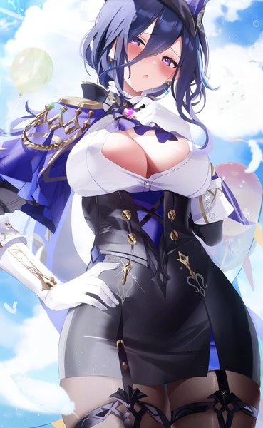 Anime picture 3584x5826 with genshin impact clorinde (genshin impact) fantongjun single long hair tall image looking at viewer blush fringe highres breasts open mouth light erotic hair between eyes large breasts standing purple eyes absurdres sky cleavage