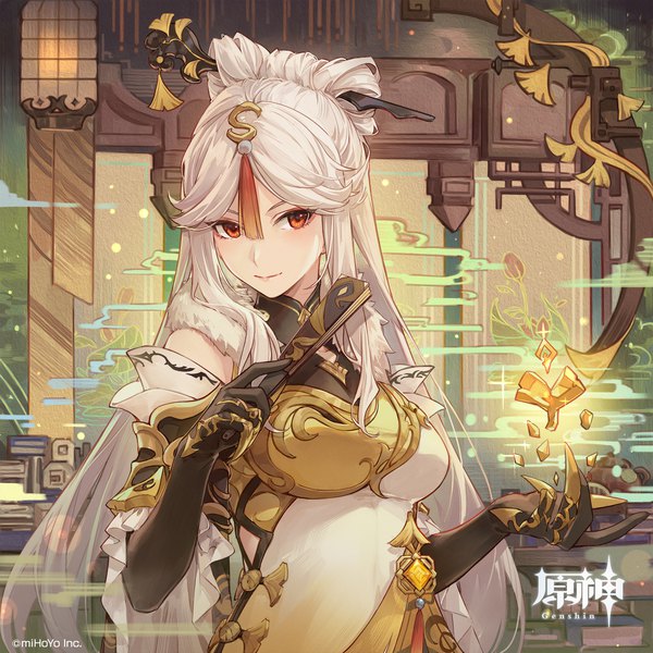 Anime picture 2500x2500 with genshin impact ningguang (genshin impact) csyday single long hair highres red eyes looking away silver hair upper body official art copyright name girl gloves hair ornament black gloves elbow gloves fan vision (genshin impact) hairpin (hairpins)