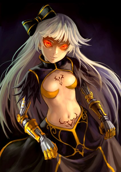 Anime picture 2480x3508 with original as109 single long hair tall image highres breasts light erotic smile white hair midriff orange eyes tattoo glowing glowing eye (eyes) mechanical parts girl skirt navel bow