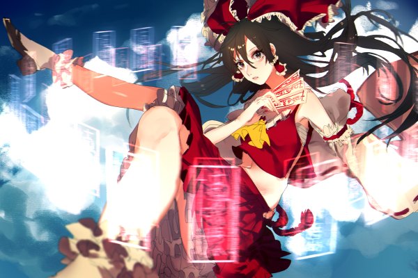 Anime picture 1200x800 with touhou hakurei reimu tian (my dear) single long hair black hair hair between eyes sky traditional clothes japanese clothes black eyes bare belly looking up flying miko girl skirt navel bow hair bow