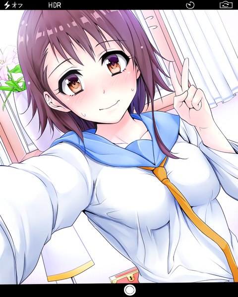 Anime picture 1024x1280 with nisekoi shaft (studio) onodera kosaki kachirou single tall image blush short hair breasts smile brown hair brown eyes sweat embarrassed outstretched arm victory sweatdrop breast press self shot girl