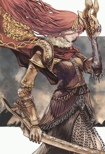 Anime picture 1500x2200 with elden ring malenia blade of miquella nyami single long hair tall image fringe hair between eyes standing holding yellow eyes looking away red hair arm up floating hair helmet removed holding helmet girl weapon cape