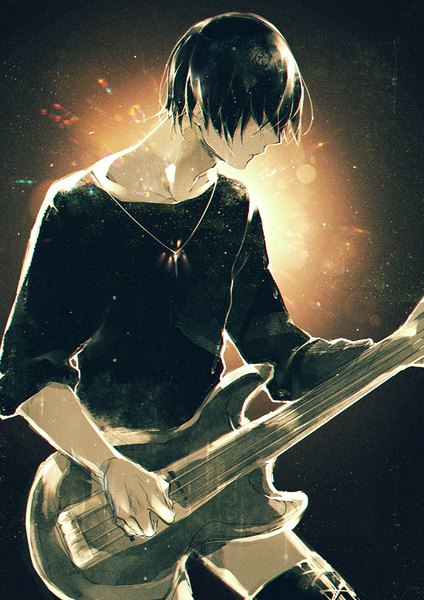 Anime picture 818x1158 with original mii (chibinomi) single tall image fringe short hair black hair simple background profile convenient censoring hair over eyes playing instrument boy pendant musical instrument guitar bass guitar