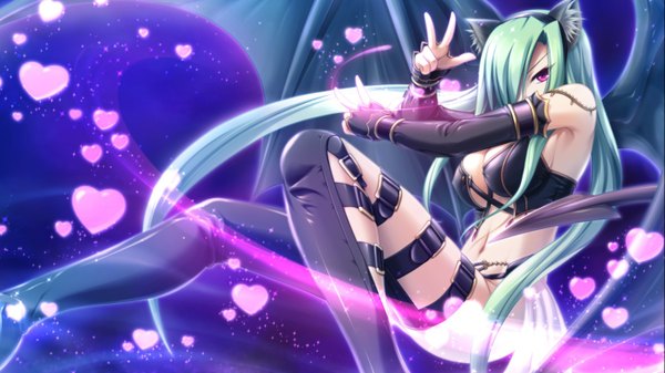 Anime picture 1366x768 with soukoku no arterial ritrana long hair breasts light erotic wide image large breasts animal ears game cg pink eyes green hair cat ears demon girl girl navel detached sleeves heart
