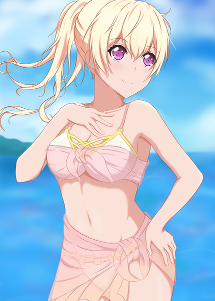 Anime picture 1432x2000 with bang dream! shirasagi chisato reneua single long hair tall image blush fringe breasts light erotic blonde hair smile hair between eyes standing bare shoulders payot looking away sky cloud (clouds) outdoors