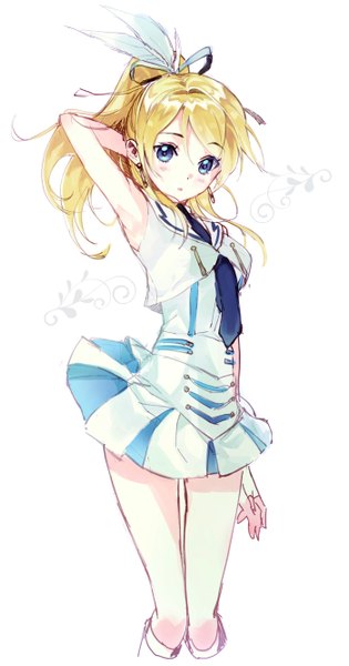 Anime picture 700x1332 with love live! school idol project sunrise (studio) love live! ayase eli macciatto (aciel02) single long hair tall image looking at viewer blush fringe breasts blue eyes simple background white background bent knee (knees) ponytail head tilt arm up armpit (armpits)