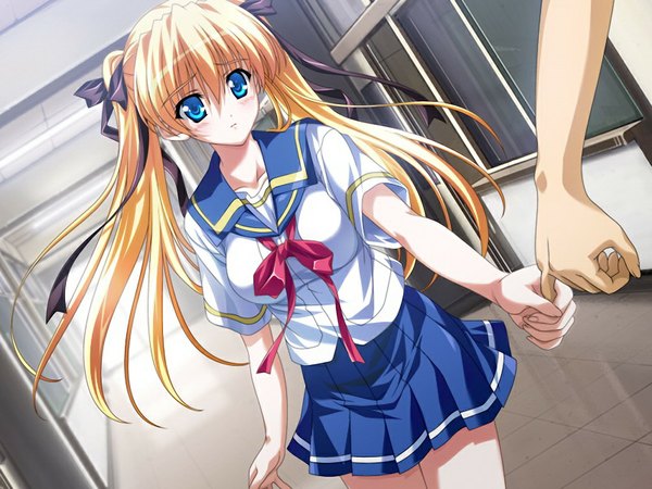 Anime picture 1024x768 with natsumegu celes alford long hair blue eyes blonde hair twintails game cg girl serafuku