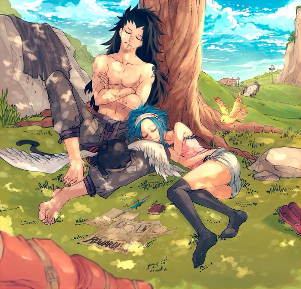 Anime picture 1200x1152 with fairy tail gajeel redfox levy mcgarden panther lily rusky long hair short hair light erotic black hair smile sitting bare shoulders blue hair sky cloud (clouds) full body lying eyes closed parted lips head tilt