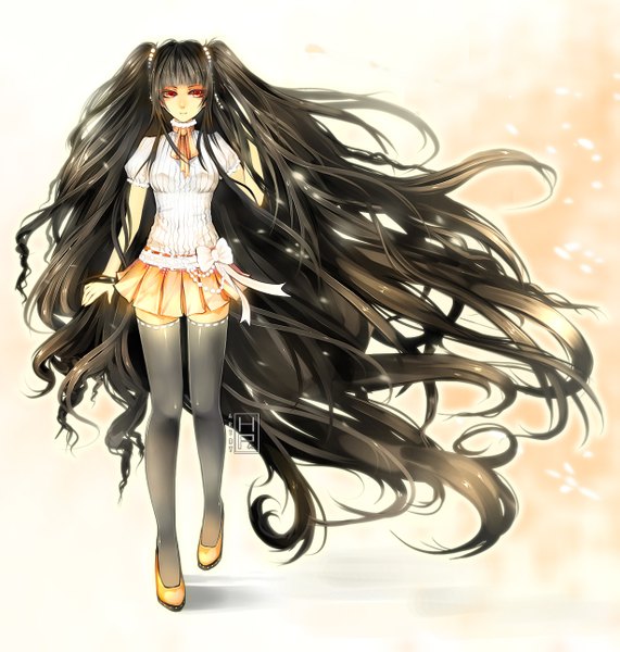 Anime picture 1229x1291 with harumagai single tall image looking at viewer fringe breasts black hair red eyes standing twintails very long hair high heels zettai ryouiki wavy hair glow girl thighhighs skirt bow ribbon (ribbons)
