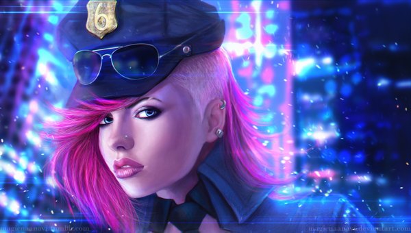 Anime picture 1920x1091 with league of legends vi (league of legends) magicnaanavi single long hair looking at viewer blush highres blue eyes wide image pink hair lips realistic teeth piercing portrait blue background sunglasses on head undercut girl