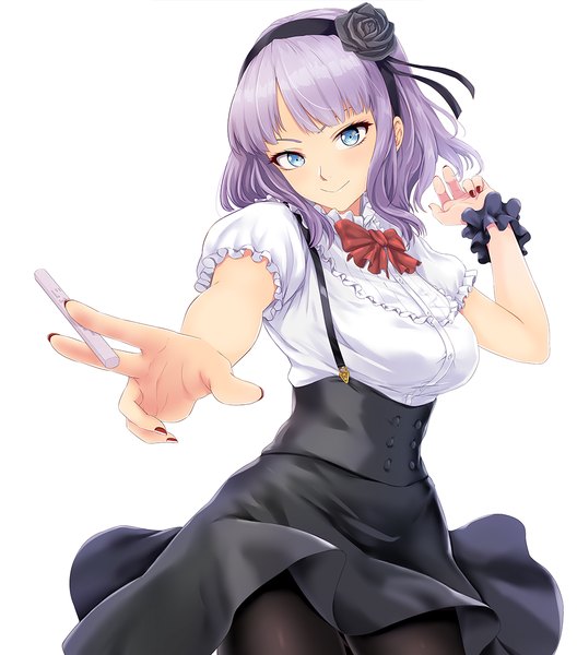 Anime picture 1000x1136 with dagashi kashi feel (studio) shidare hotaru infinote single tall image looking at viewer short hair blue eyes simple background smile white background purple hair girl dress hairband