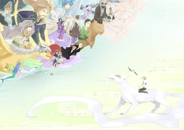 Anime picture 4092x2893 with natsume yuujinchou brains base (studio) natsume takashi madara (nyanko-sensei) kogitsune riou (natsume yuujinchou) hinoe misuzu chobi-hige tama (natsume yuujinchou) hotaru (natsume yuujinchou) gen (natsume) tsuyukami santo hishigaki mikuri (natsume) akagane kirinoha nobu (artist) long hair