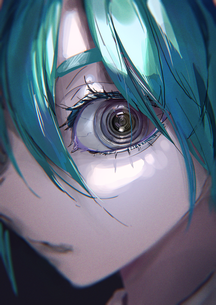 Anime picture 2480x3508 with vocaloid hatsune miku roitz ( roitz ) single tall image looking at viewer fringe highres hair between eyes aqua hair grey eyes depth of field light close-up eyebrows face anaglyph alternate eye color crazy eyes girl