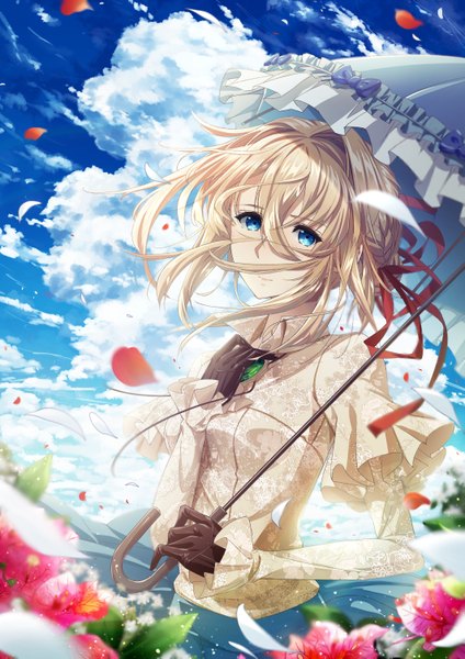 Anime picture 1063x1505 with violet evergarden kyoto animation violet evergarden (character) cluseller single tall image looking at viewer blush fringe short hair blue eyes blonde hair hair between eyes standing holding sky cloud (clouds) upper body outdoors braid (braids)