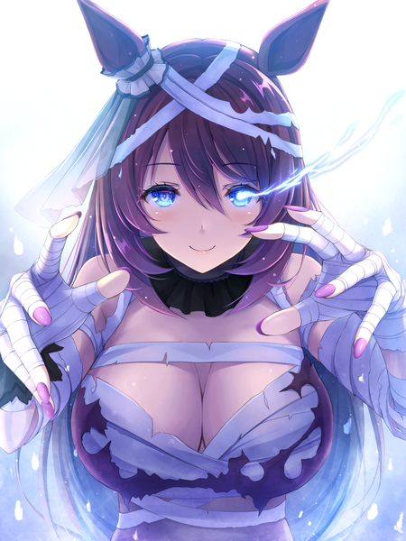 Anime picture 1500x2001 with umamusume super creek (umamusume) super creek (chiffon ribbon mummy) (umamusume) akashio (loli ace) single long hair tall image looking at viewer blush fringe breasts blue eyes light erotic smile hair between eyes brown hair large breasts animal ears upper body nail polish