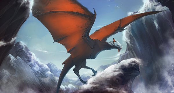 Anime picture 1600x855 with unodu red eyes wide image sky teeth mountain no people sharp teeth animal bird (birds) dragon
