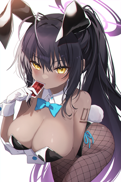 Anime picture 1333x2000 with blue archive karin (blue archive) karin (bunny) (blue archive) poncho (31103105) single long hair tall image blush fringe breasts light erotic black hair simple background hair between eyes large breasts white background animal ears yellow eyes cleavage ahoge
