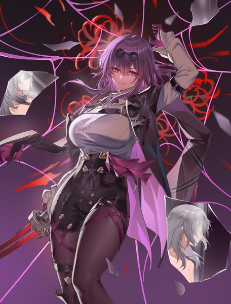 Anime picture 3430x4512 with honkai: star rail honkai (series) kafka (honkai: star rail) trailblazer (honkai: star rail) stelle (honkai: star rail) tu er tm single long hair tall image looking at viewer fringe highres hair between eyes purple eyes absurdres purple hair arm up grey hair reflection sunglasses on head