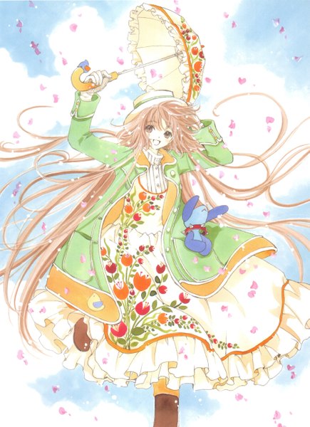 Anime picture 1869x2578 with kobato hanato kobato ioryogi single long hair tall image highres brown hair brown eyes sky cloud (clouds) girl dress hat animal petals umbrella
